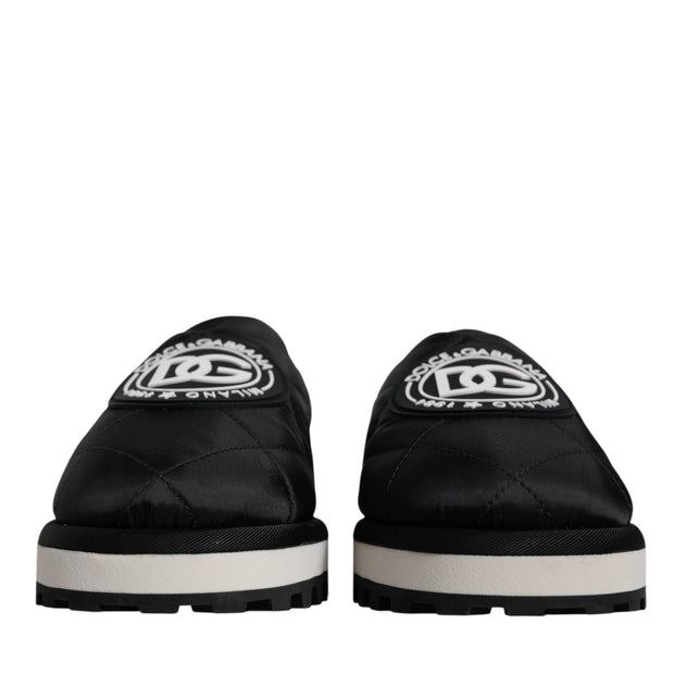 Black Nylon Quilted Logo Patch Sandals Slides Shoes