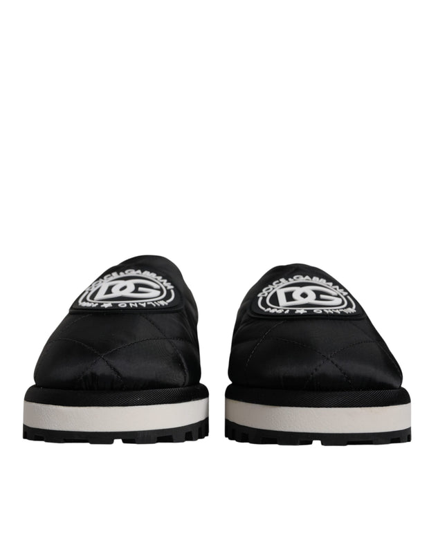 Black Nylon Quilted Logo Patch Sandals Slides Shoes