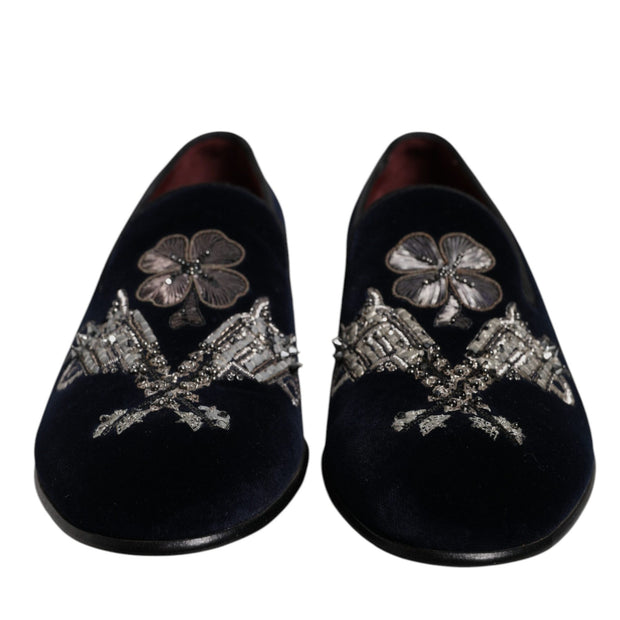 Black Velvet Floral Gun Loafers Dress Shoes