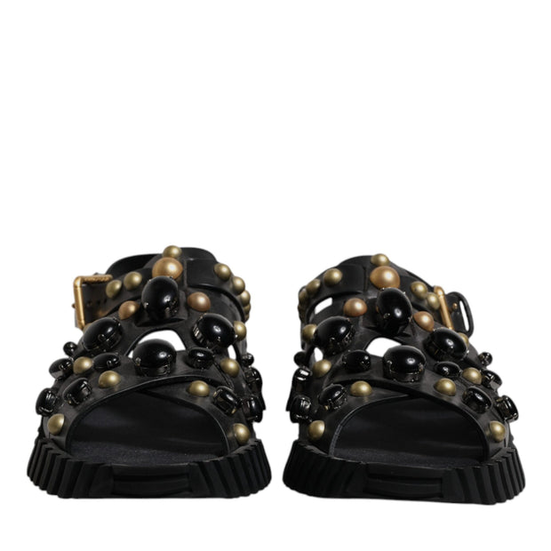 Black Leather Studded Slides Sandals Shoes