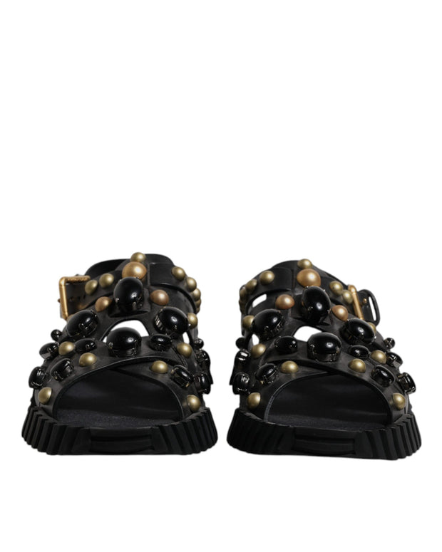 Black Leather Studded Slides Sandals Shoes