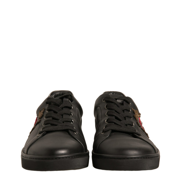 Black Leather Heart Embellished Sneakers Shoes