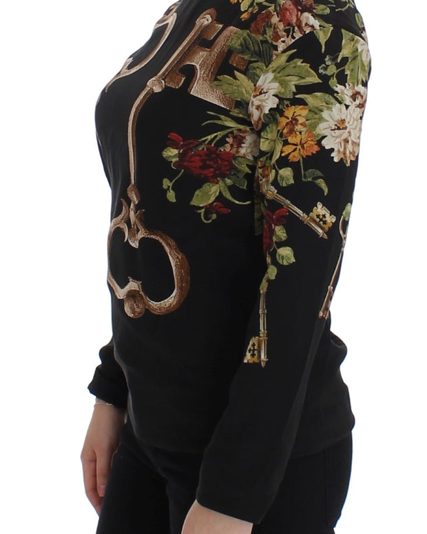 Black Key Floral Print Silk Blouse Top