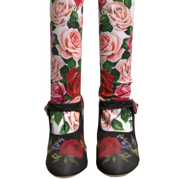 Black Floral Socks Crystal Boots Jersey Shoes