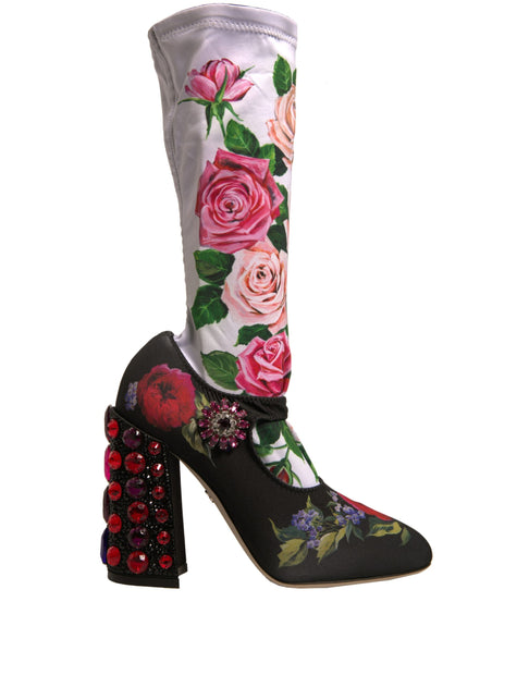 Black Floral Socks Crystal Boots Jersey Shoes