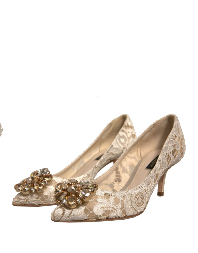 White Taormina Lace Crystal Heel Pumps Shoes