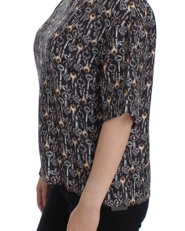 Gray Gold Key Print Silk Blouse T-shirt