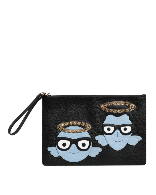Black Leather #DGFAMILY Embellished Men Zip Pouch Bag