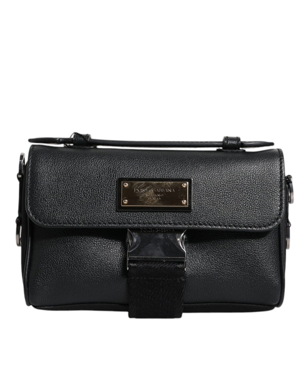 Black Logo Plaque Leather Buckled Shoulder Crossbody Bag