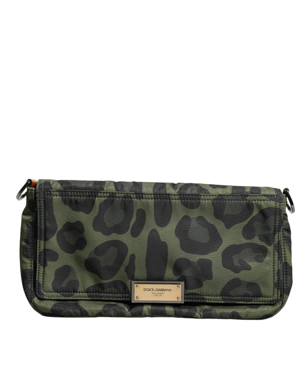 Green Nylon Leopard Print Shell Messenger Crossbody Bag