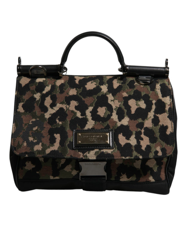 Brown Leopard Print Lacquard Nylon Sicily Tote Bag