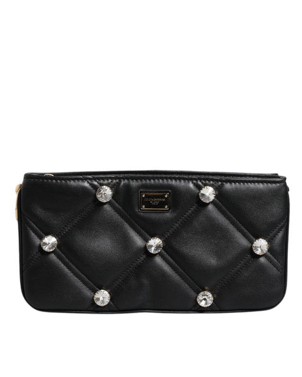 Black Leather Crystal Embellished Logo Shoulder Bag