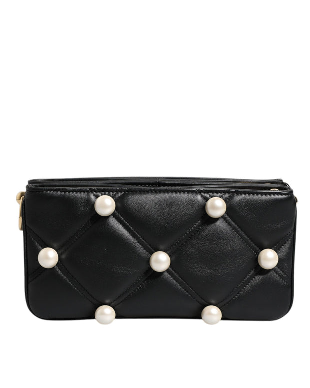 Black Leather Pearl Embellished Logo Shoulder Bag