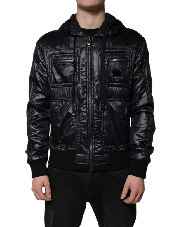 Black Nylon Hooded Full Zip Blouson Jacket