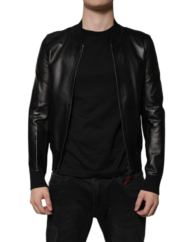 Black Lambskin Full Zip Biker Blouson Jacket