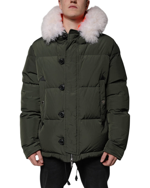 Green Hooded Long Sleeves Fur Shearling Jacket