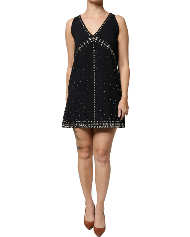 Black Embellished Polyester Sleeveless Shift A-line Mini Dress