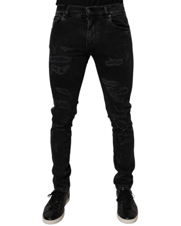 Black Tattered Cotton Skinny Men Denim Jeans