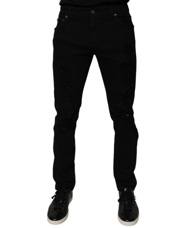 Black Tattered Cotton Skinny Men Denim Jeans