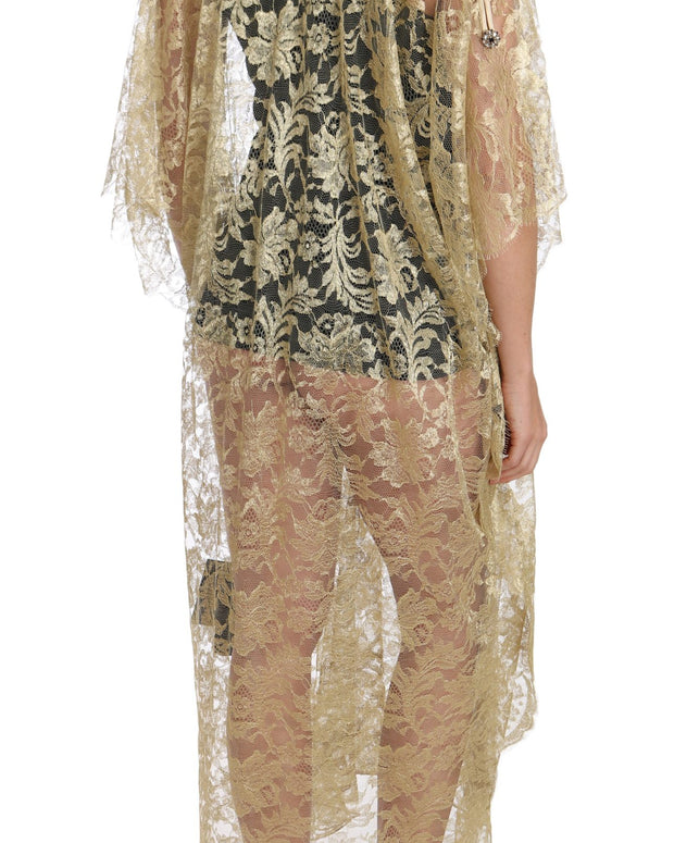 Gold Floral Lace Crystal Gown Cape Dress