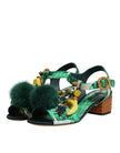 Green Crystal Fur Embellished Sandals Shoes