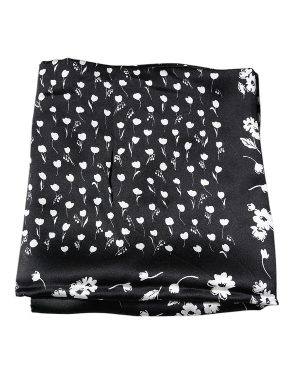Black Floral Silk Square Wrap Shawl Scarf