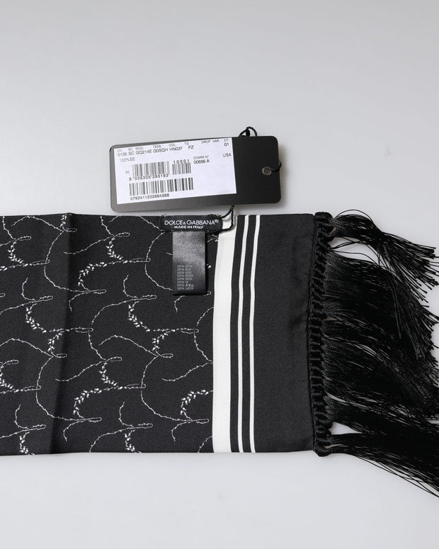 Black Patterned Skinny Fringes Shawl Scarf