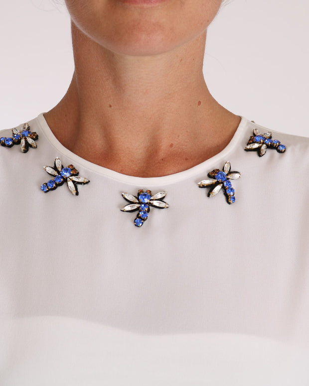 White Silk Crystal Embellished Fly T-shirt