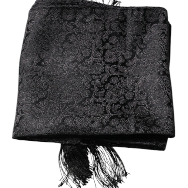 Black Floral Jacquard Skinny Fringes Scarf