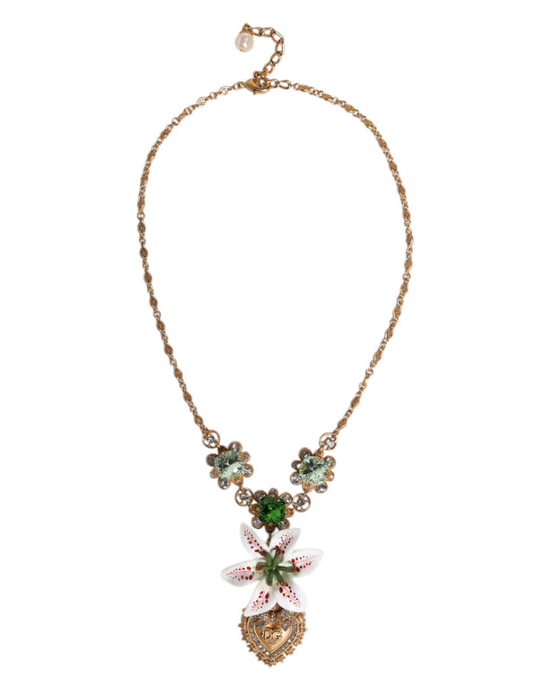 Gold Brass Lily Crystal Sacred Heart Pendant Necklace