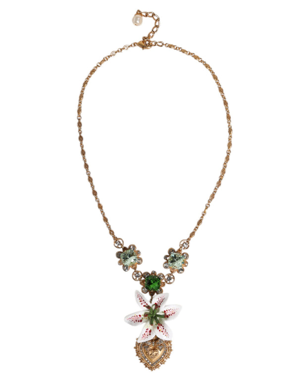 Gold Brass Lily Crystal Sacred Heart Pendant Necklace