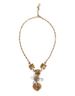 Gold Brass Lily Crystal Sacred Heart Pendant Necklace