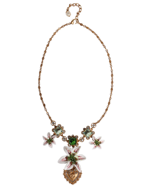Gold Brass Lily Crystal Sacred Heart Pendant Necklace