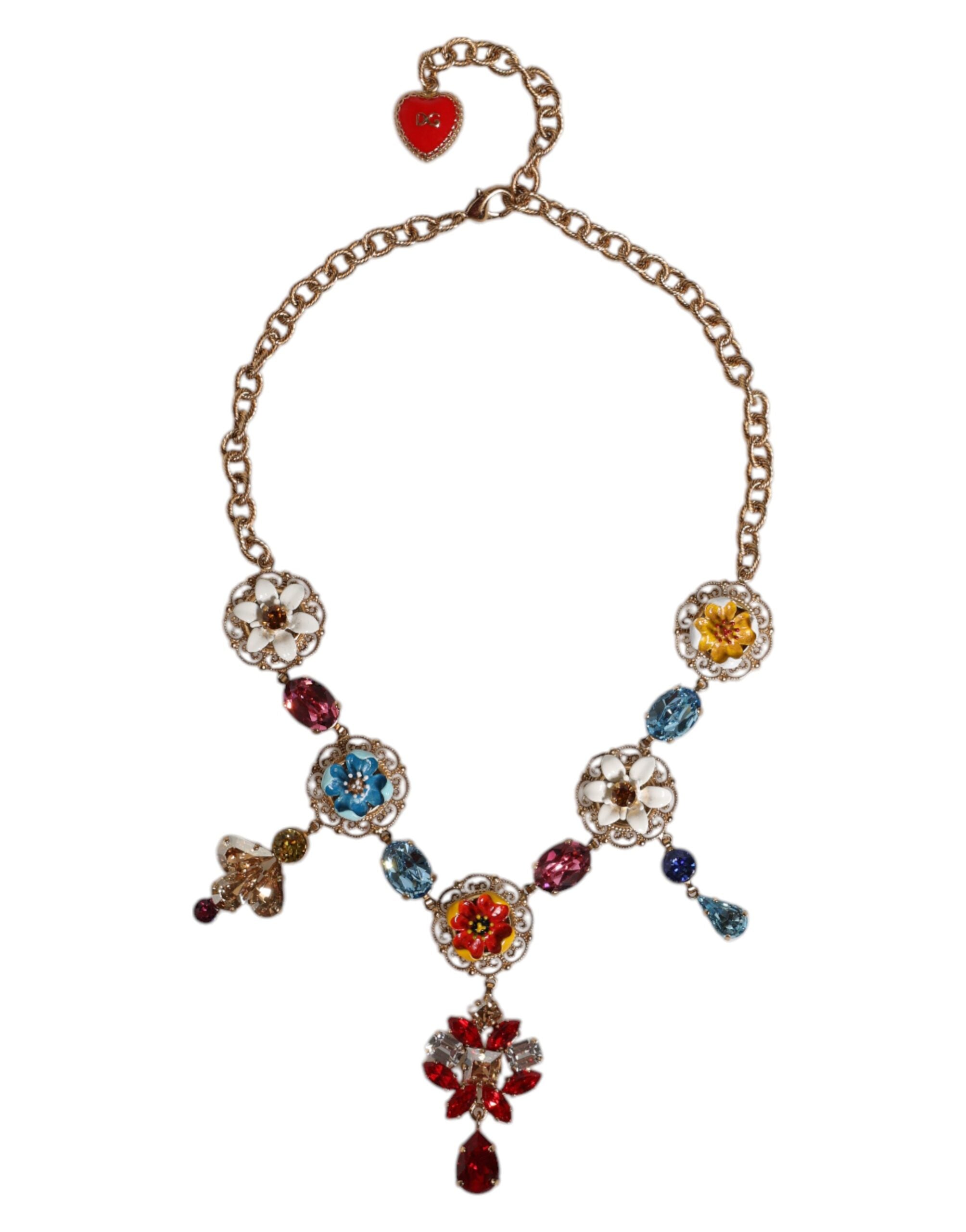 Gold Brass Chain Floral Sicily Charms Statement Necklace
