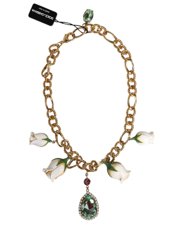 Gold Brass Short Chain Flower Crystal Pendant Necklace