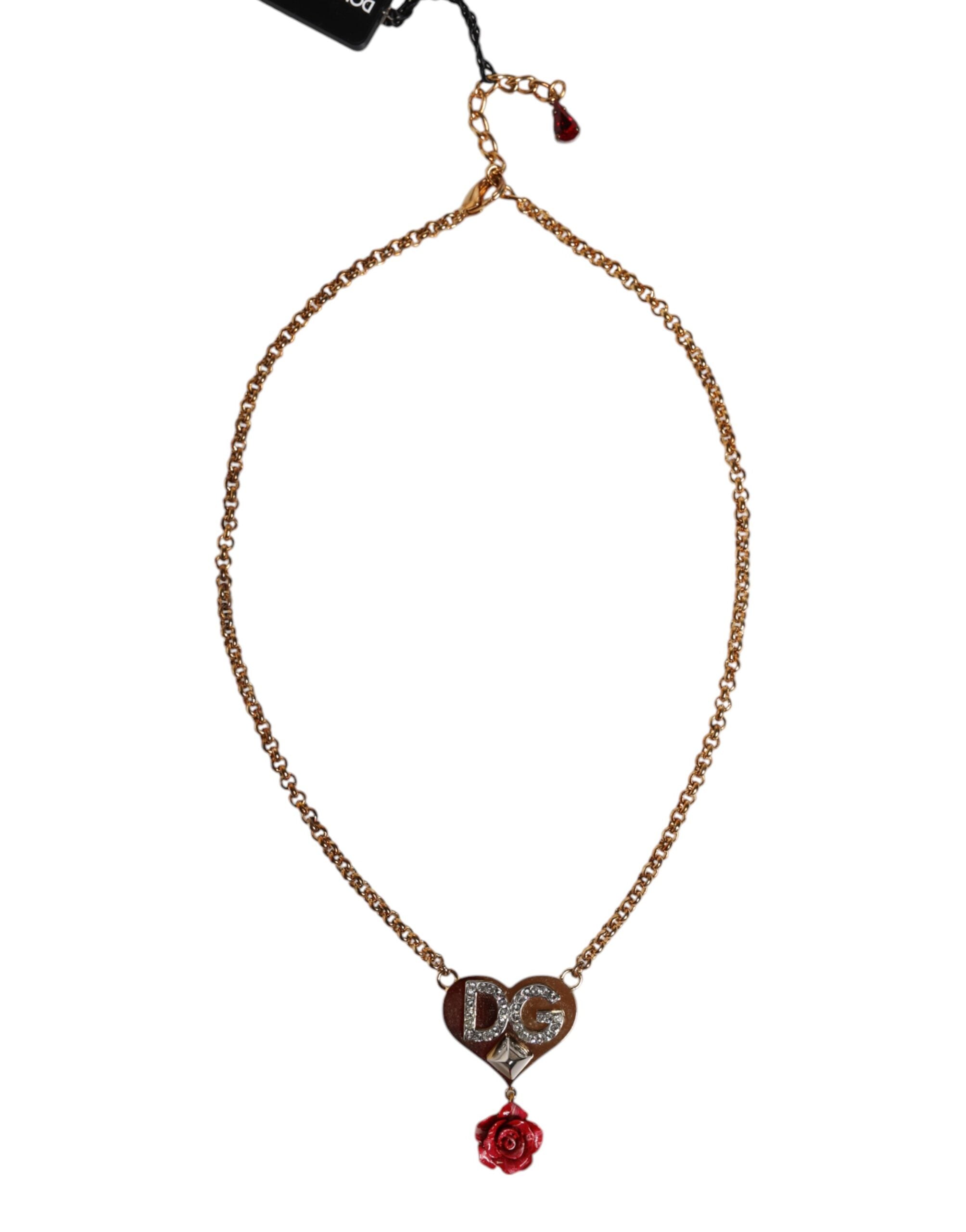 Gold Brass Cuore Heart Rose Crystal Embellished Necklace