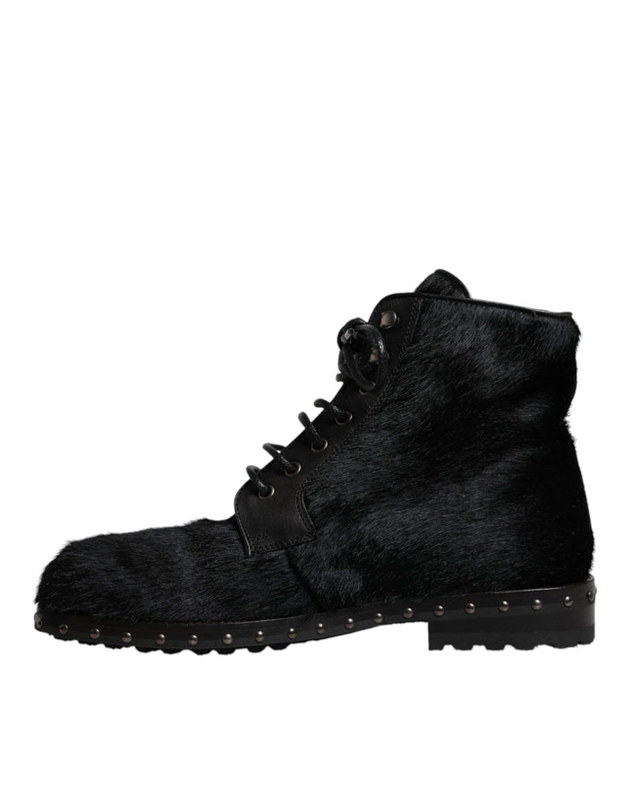 Black Pony Style Leather Mid Calf Boots Shoes