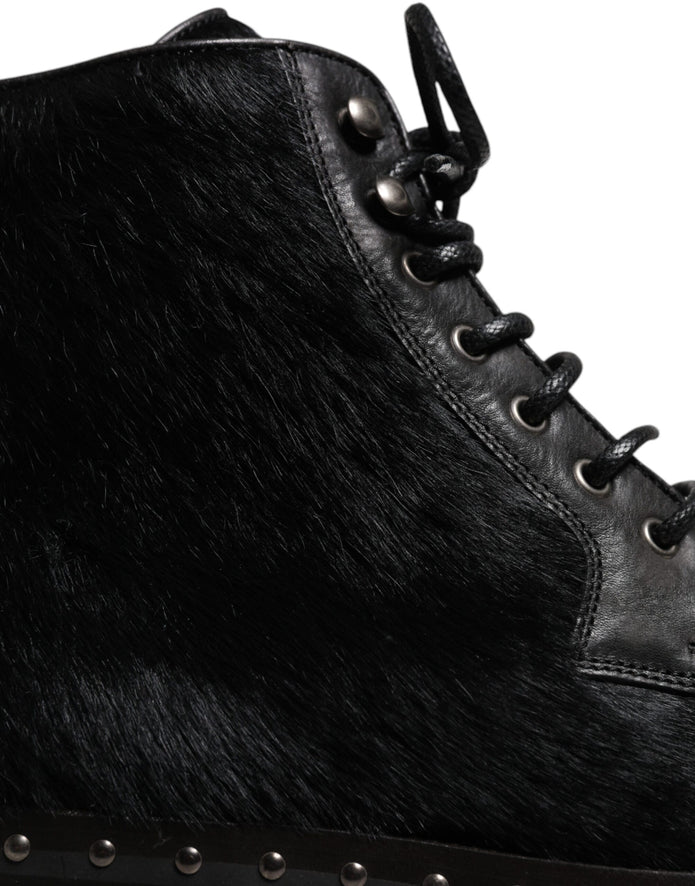 Black Pony Style Leather Mid Calf Boots Shoes