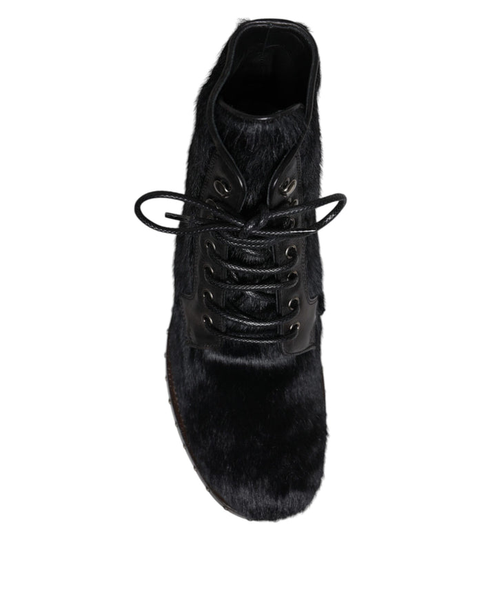 Black Pony Style Leather Mid Calf Boots Shoes
