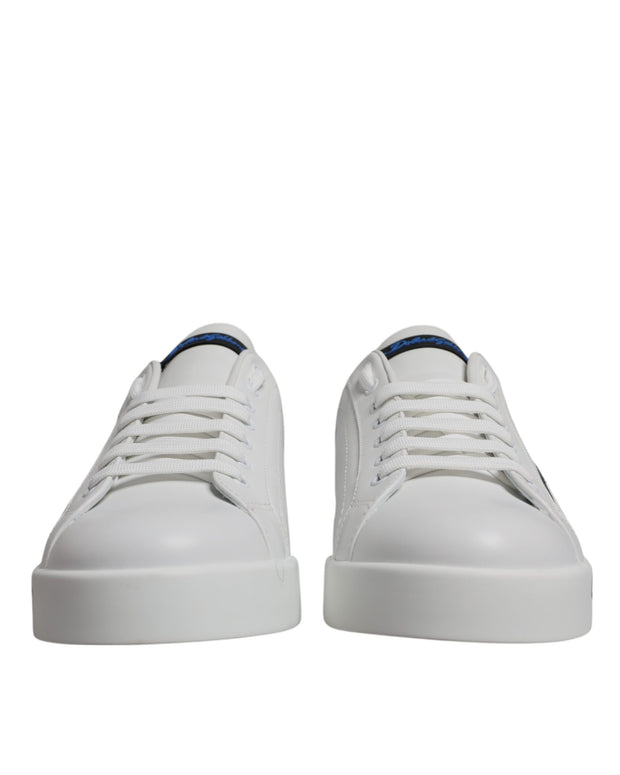 White Blue Leather Logo Low Top Sneakers Shoes