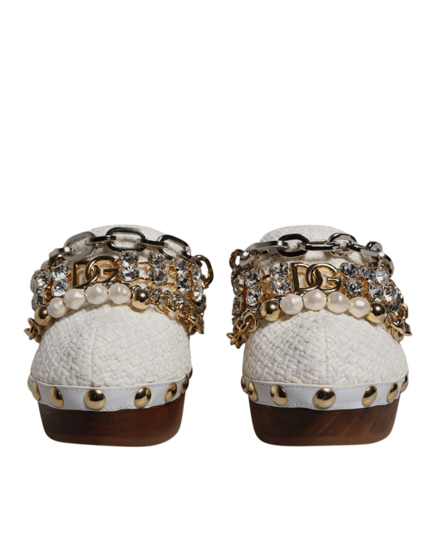 White Raffia Clogs Bejeweled Chain Sandals Shoes