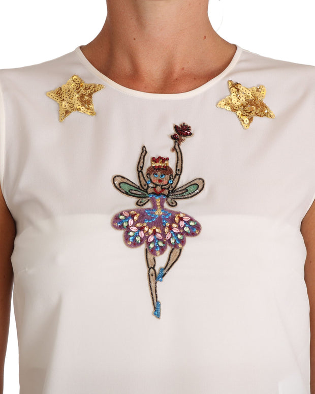 White Silk Embellished Crystal Sequin Fairy Top