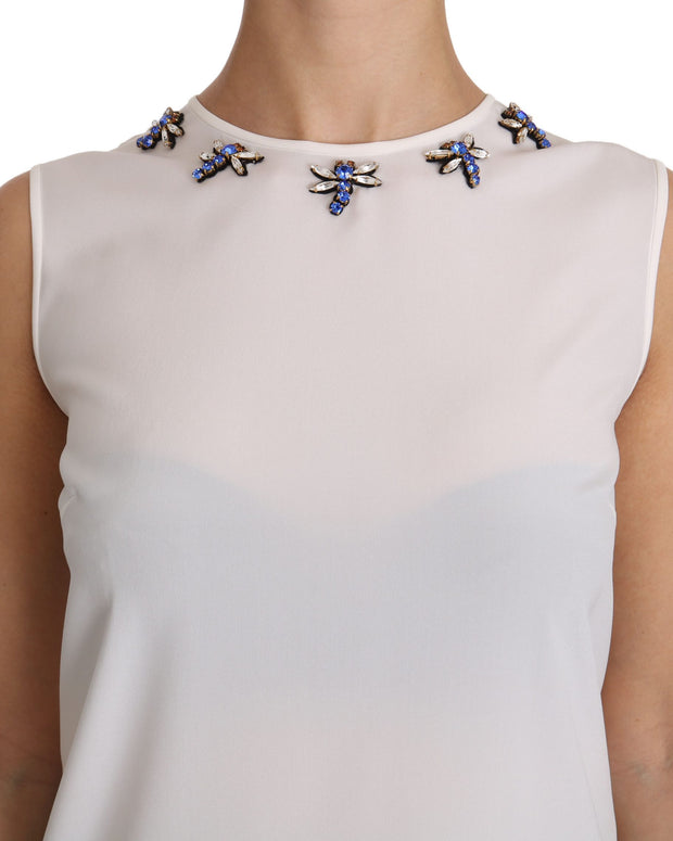 White Silk Embellished Crystal Dragonfly Top