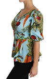 Multicolor Vegetable Print Silk Top Peplum Wrap Blouse