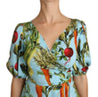 Multicolor Vegetable Print Silk Top Peplum Wrap Blouse