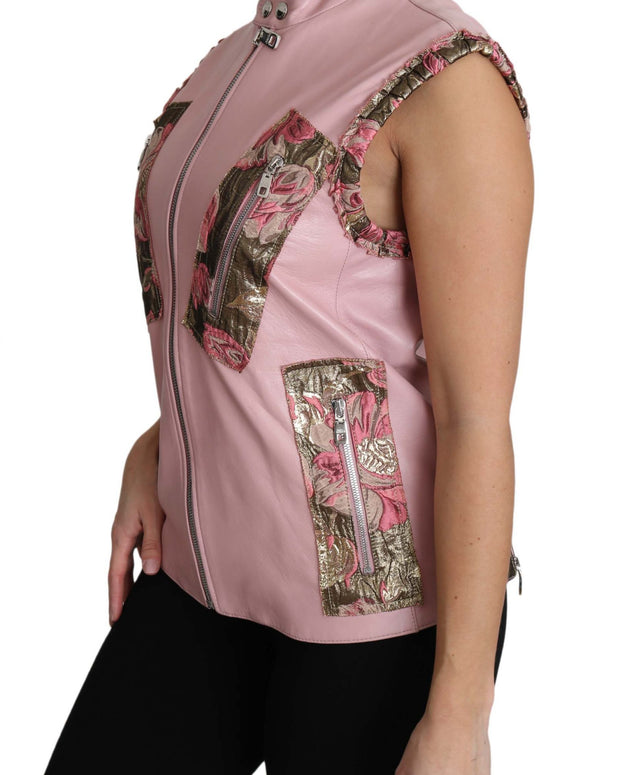 Pink Zippered Lamb Sleeveless Vest Leather Jacket