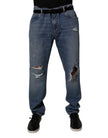 Blue Tattered Cotton Straight Denim Jeans