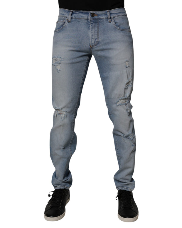 Blue Tattered Cotton Skinny Men Denim Jeans