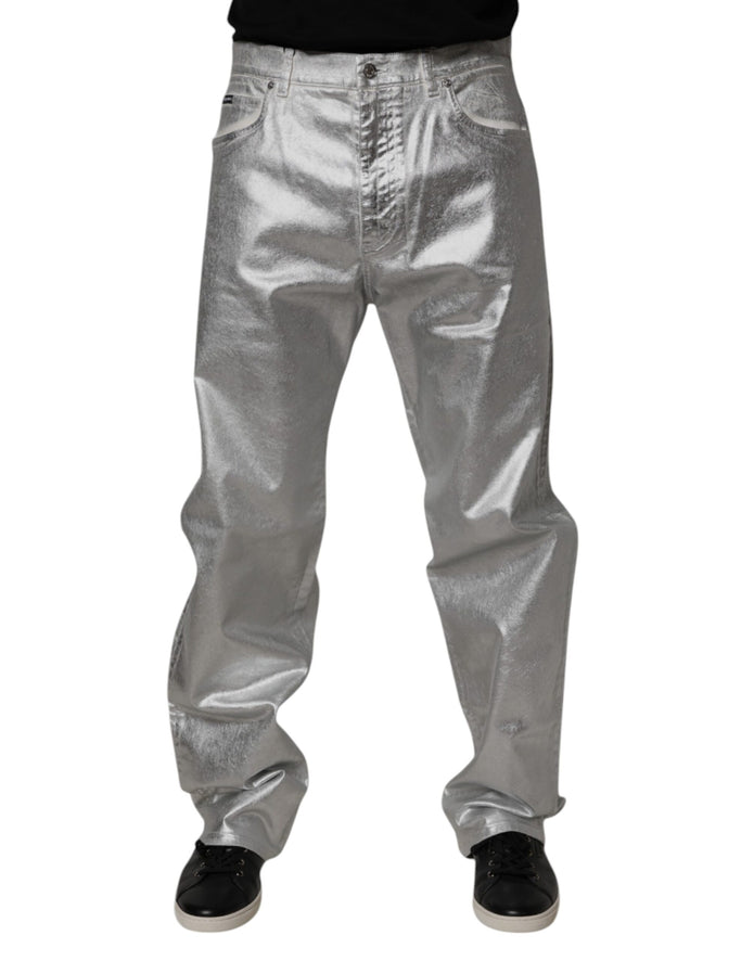 Metallic Silver Cotton Straight Denim Jeans