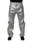 Metallic Silver Cotton Straight Denim Jeans